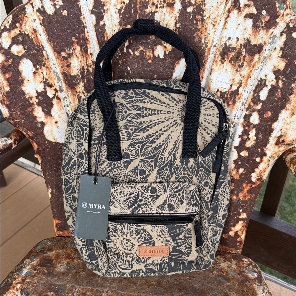 Myra Bag Juniper Bloom (in Desert Aloe) Floral Beige/Black Canvas Backpack Tote - Picture 2 of 12